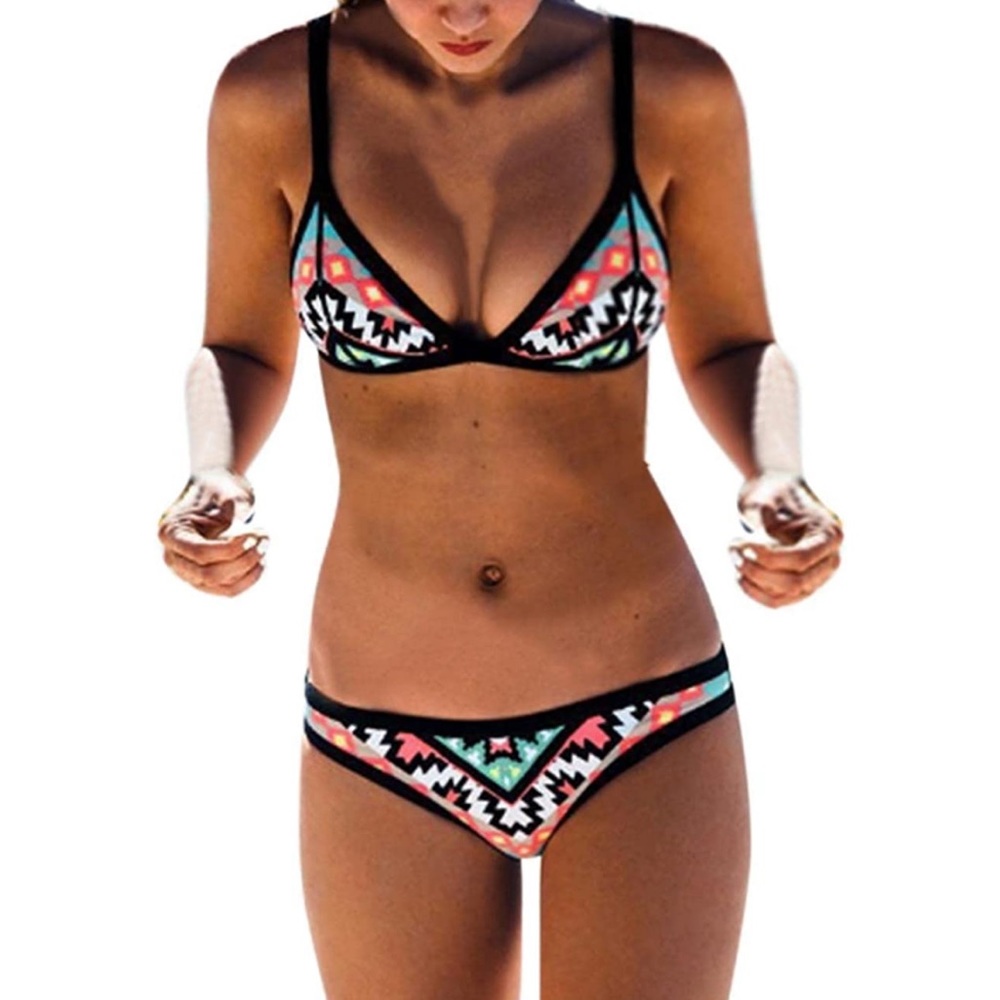New Poo Chai Black and Orange Tribal Colorblock Bikini Two Piece Swim Suit